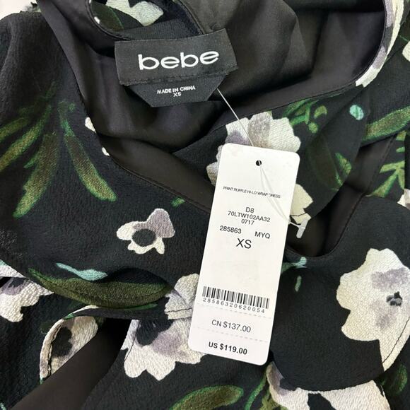 NWT Bebe Black Floral Wrap Dress Size XS DD0566 - Picture 7 of 8